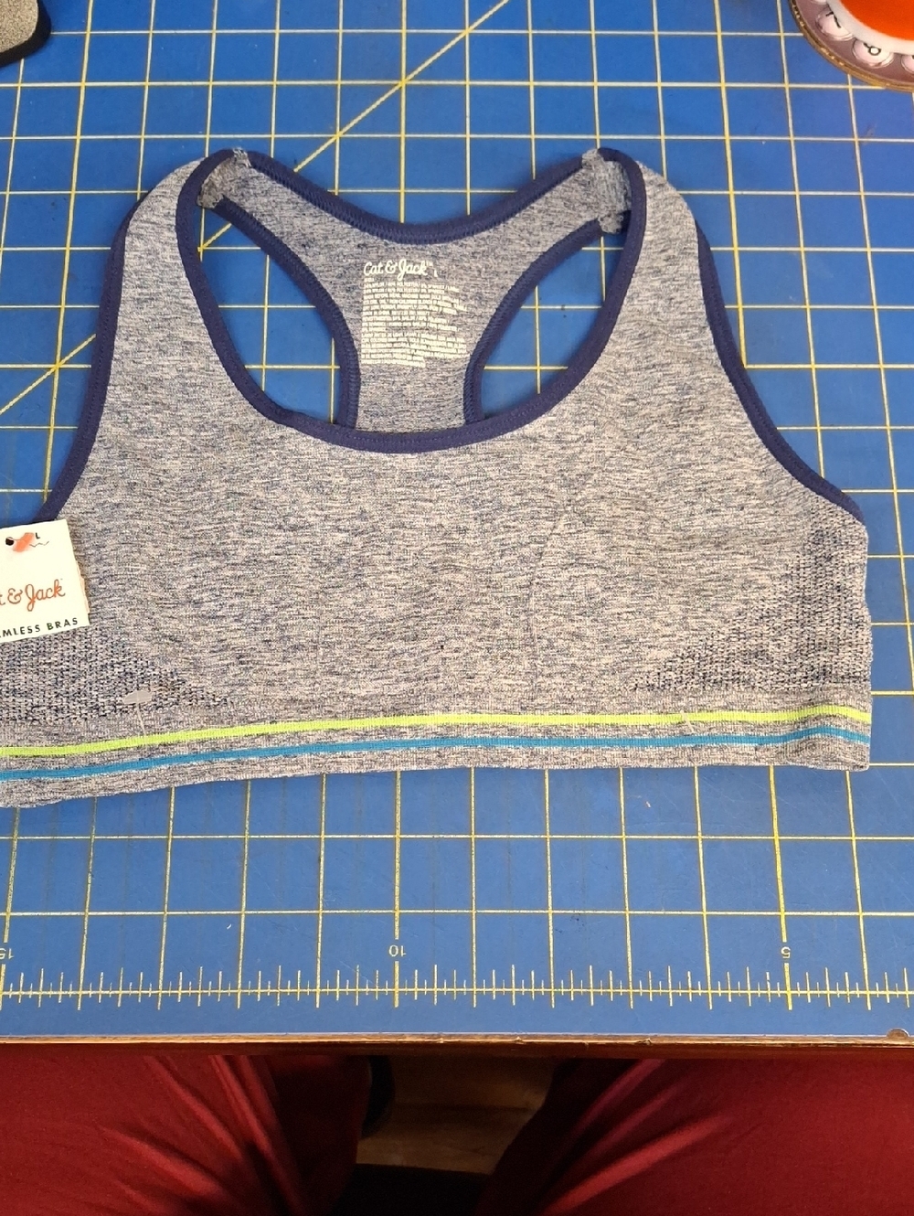 Cat & Jack Heathered Blue Seamless Racerback Sports Bra with Stripe Trim L NWT